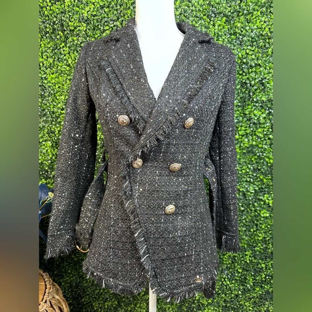 Nwt Black Tweed raw hem Women's pea Coat with belt preppy chic - Picture 6 of 15